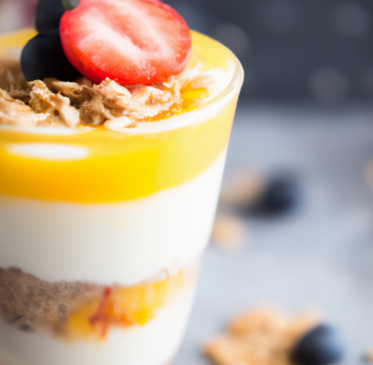 Side view of Sea  Buckthorn and Honey Greek Yogurt Parfait in a glass cup