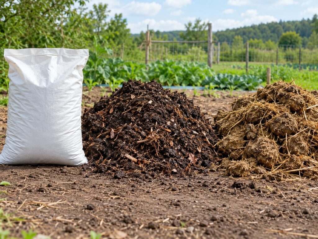 Sac d’engrais à côté de tas de compost organique et de fumier dans un jardin, illustrant la gestion des nutriments du sol et les options d’engrais pour la culture de l’argousier.