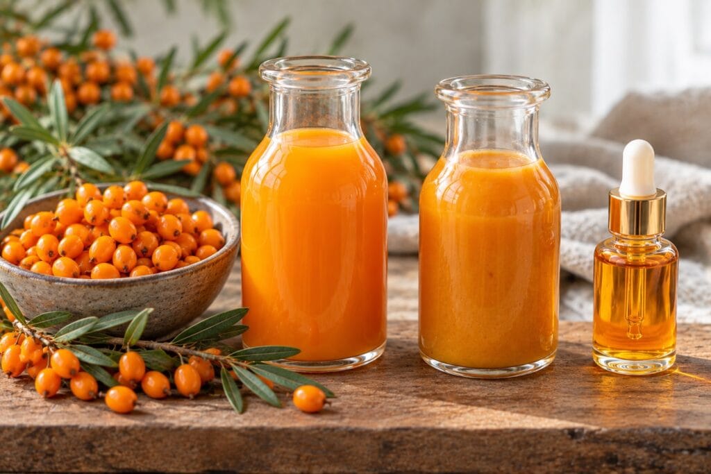 Sea buckthorn berries, juice, purée and fruit oil showing different ways to enjoy this nutrient-rich berry and its naturally occurring omega-7 fatty acids.