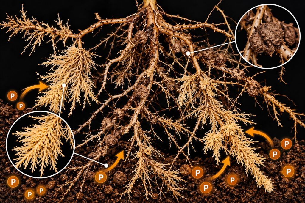 Racines en grappe de l’argousier absorbant le phosphore du sol, avec des nodules racinaires de Frankia abritant des bactéries fixatrices d’azote et des micro-organismes bénéfiques qui favorisent l’acquisition de nutriments.