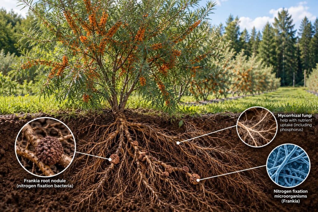 Arbuste d’argousier avec des baies orangées et une vue souterraine de son système racinaire, illustrant la fixation de l’azote par les bactéries Frankia, les nodules racinaires et les champignons mycorhiziens bénéfiques.
