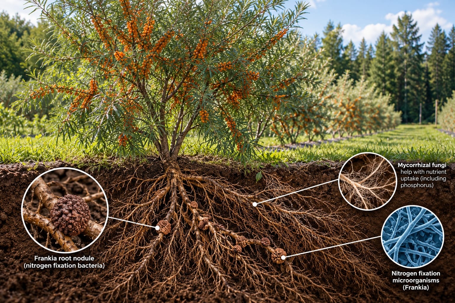 Arbuste d’argousier avec des baies orangées et une vue souterraine de son système racinaire, illustrant la fixation de l’azote par les bactéries Frankia, les nodules racinaires et les champignons mycorhiziens bénéfiques.