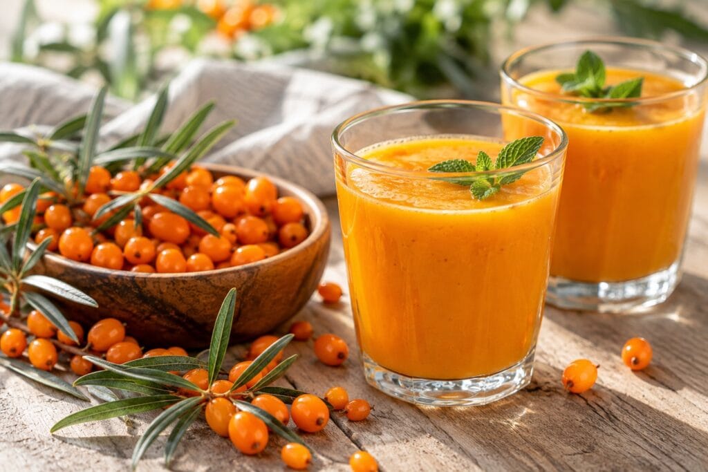Sea buckthorn smoothie made with bright orange berries, a natural source of omega-7 fatty acids, vitamin C and plant nutrients.