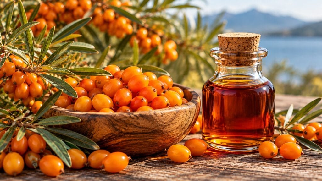 Sea buckthorn berries beside rich amber sea buckthorn pulp oil, a natural source of omega-7 fatty acids and omega-9.