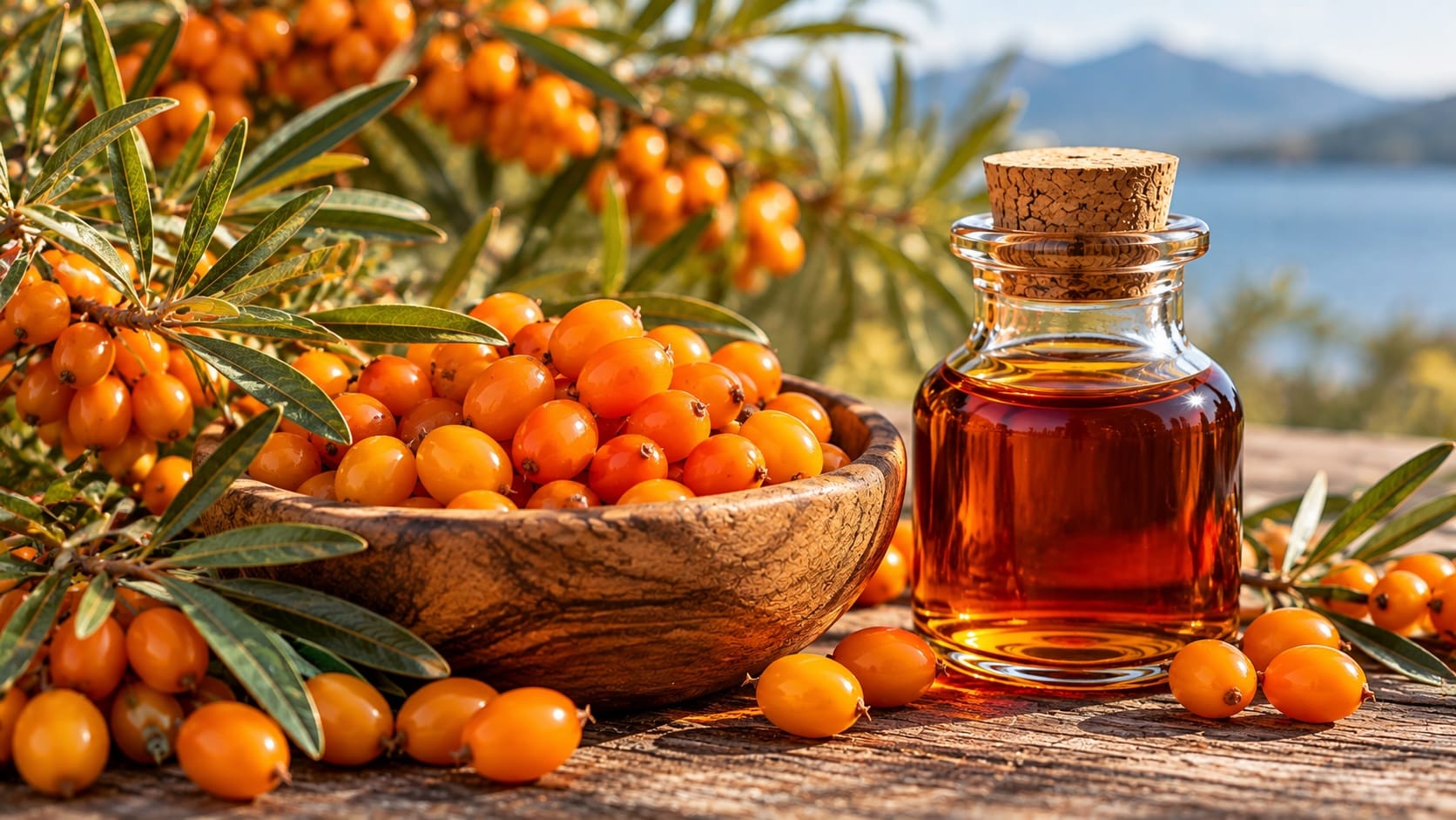 Sea buckthorn berries beside rich amber sea buckthorn pulp oil, a natural source of omega-7 fatty acids and omega-9.